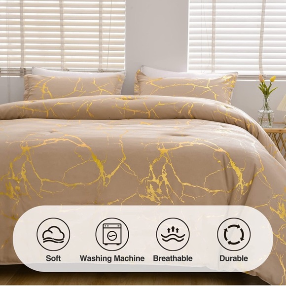 Queen Taupe Marble Comforter Set, Gold Metallic Foil Printed - Picture 2 of 7